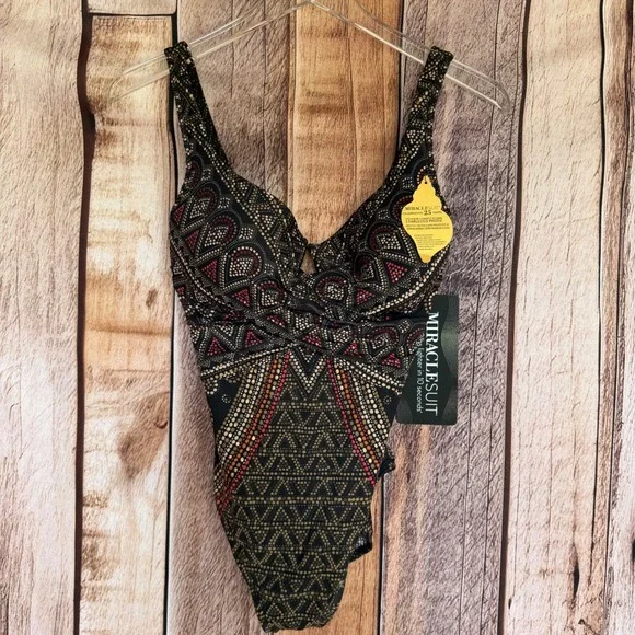 Miraclesuit Criss Cross Escape One Piece Swimsuit Bronze Tummy Control Sz 10 NWT - Picture 1 of 4